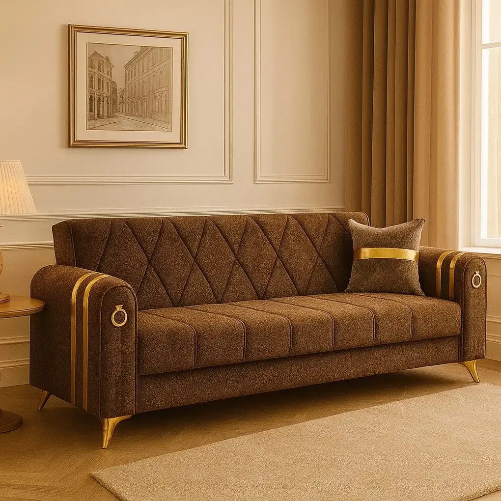 Canapea extensibila cu lada de depozitare 220x87x93 cm, maro si detalii aurii – Camara