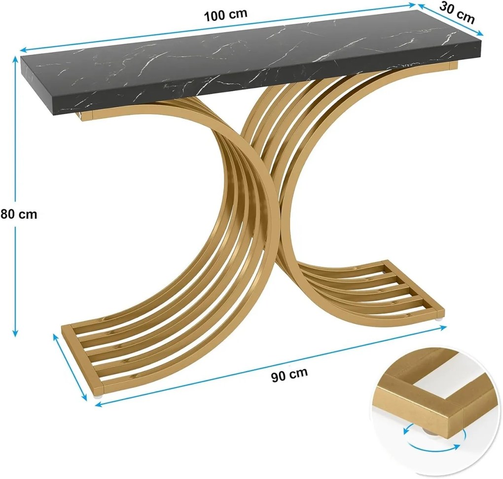 MAUN2 - Masa Consola, 100 cm, masuta hol, living, dormitor - Auriu - Negru Imitatie de Marmura