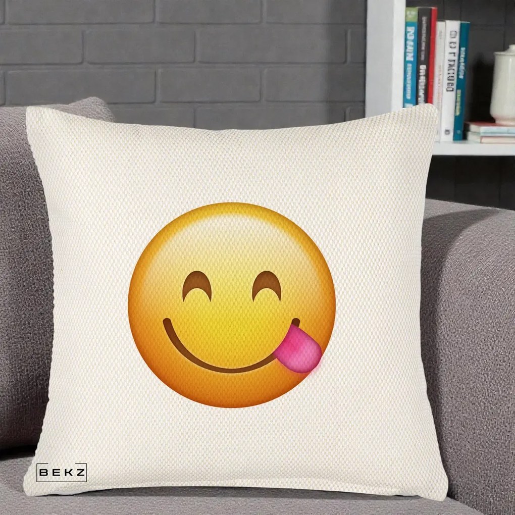 Perna Decorativa Emoji Limba Scoasa, 40x40 cm, Crem Reliefat, Husa Detasabila, Perna Inclusa, BEKZ®