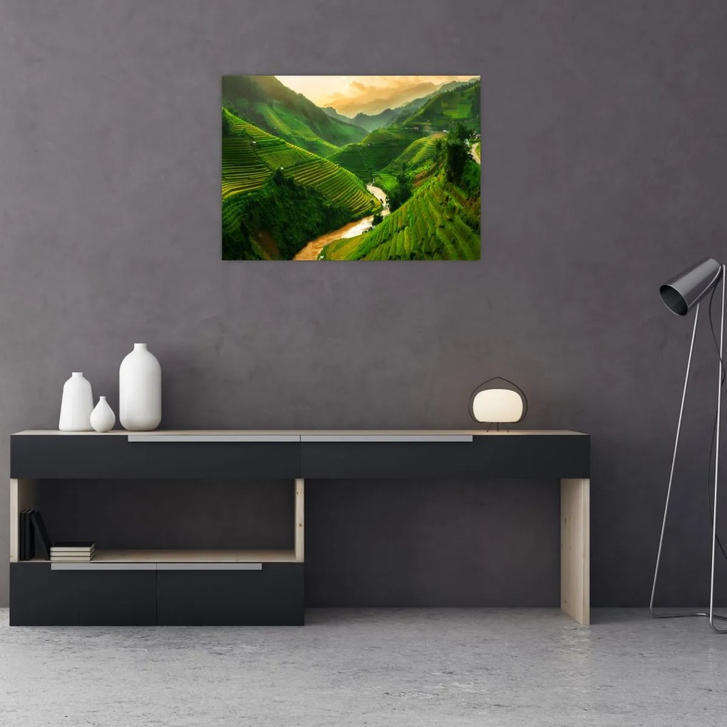 Tablou pe sticlă - Terase de orez Mu Cang Chai (70x50 cm)