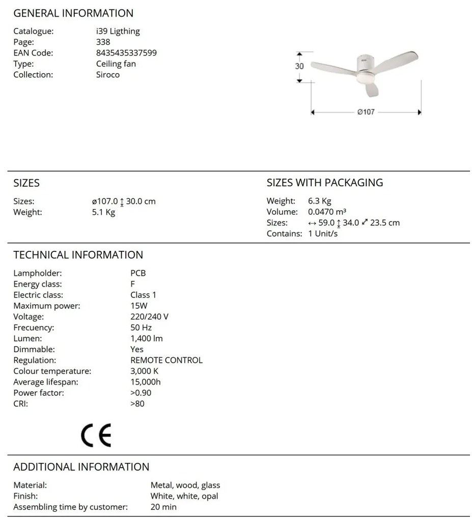 Lustra LED cu Ventilator si telecomanda Siroco MINI alb