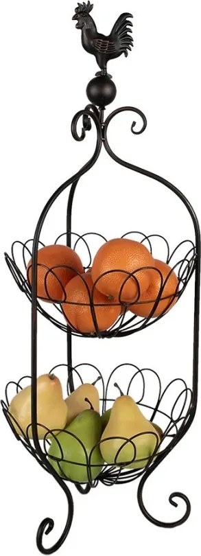Suport decorativ cu două coșuri, negru, din metal, cu decorațiune cocoș, Ø 26x72 cm