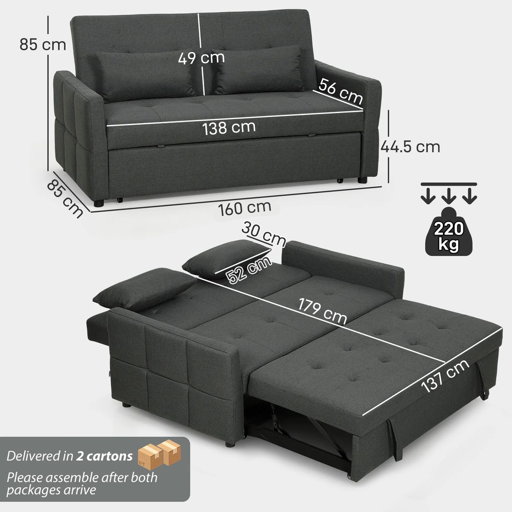 HOMCOM Canapea 2 Locuri Convertibilă în Pat Clic-Clac, cu 2 Perne, din Material Textil, Gri Închis | Aosom Romania