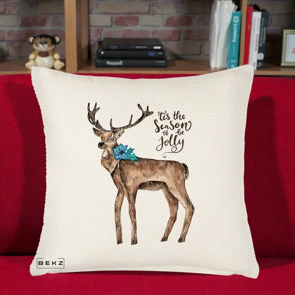 Perna Decorativa Ren Tis the Season to be Jolly, 40x40 cm, Crem Reliefat, Husa Detasabila, Perna Inclusa, BEKZ®