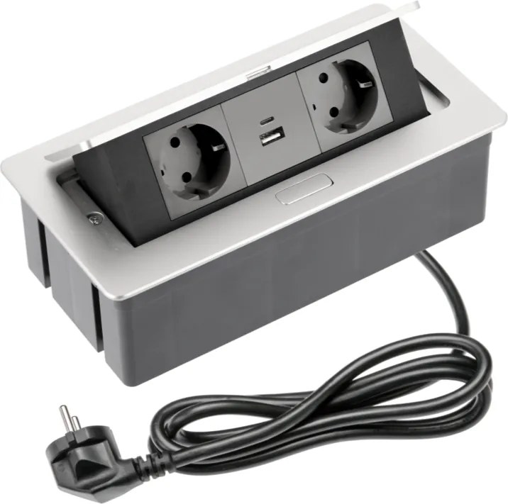 Priză încorporabilă în blat Soft GTV, 2 prize Schuko, USB A + C, aluminiu, 250 x 130 mm L:250 mm; l:130 mm; H:73 mm, Aluminiu/Plastic, Aluminiu