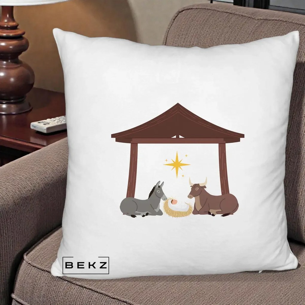 Perna Decorativa Ieslea din Betleem cu Iesle Asin si Bou, 40x40 cm, Alb Pufos, Husa Detasabila, Perna Inclusa, BEKZ®