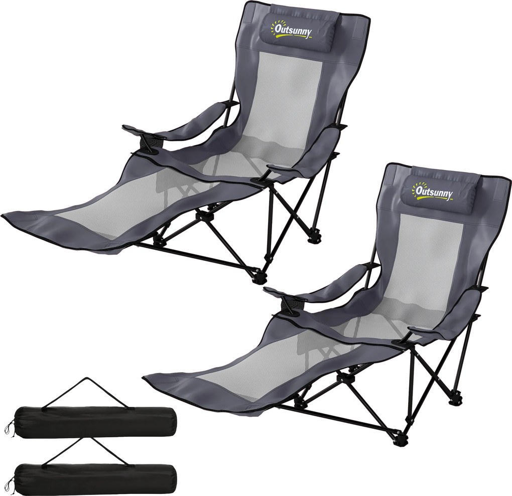 Outsunny Set de 2 scaune camping pliabile, scaun pescuit cu spătar reglabil, suport picioare, suport băuturi, pernă cap, Gri închis | Aosom Romania