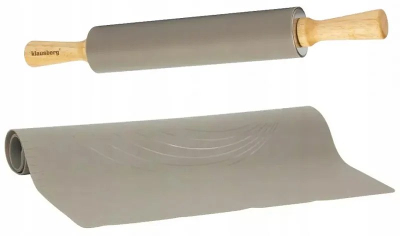 Plansa cu sucitor pentru aluat Klausberg KB-7597, 2 piese, 60x40 cm, Silicon si lemn, Gri/Maro
