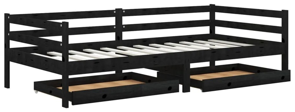 3083678 vidaXL Pat de zi cu sertare, negru, 90x200 cm, lemn masiv de pin