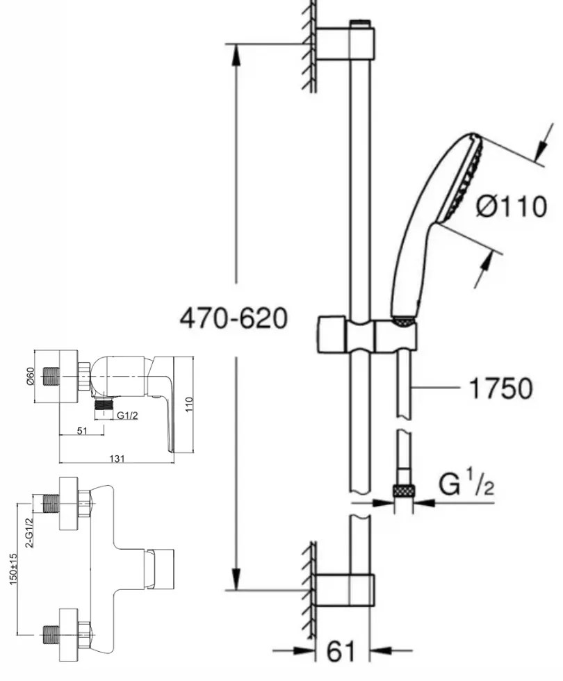 Set dus crom cu bara, para dus si furtun, Grohe New Tempesta 110 si baterie dus Cersanit Suaro