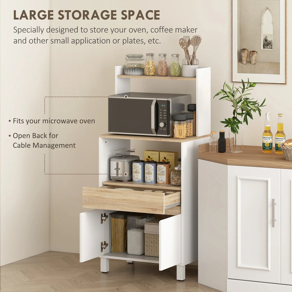 HOMCOM Dulap pentru Microunde din Lemn cu Raft, Blat Deschis, Sertar și Dulap, 60x40x131 cm, Alb | Aosom Romania