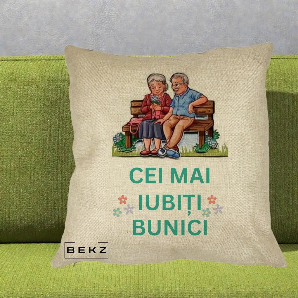 Cadou pentru Bunici - Perna Personalizata Cei Mai Iubiti Bunici Cuplu pe Banca Ilustratie, 40x40 cm, Crem, Husa Detasabila, Perna Inclusa, BEKZ®