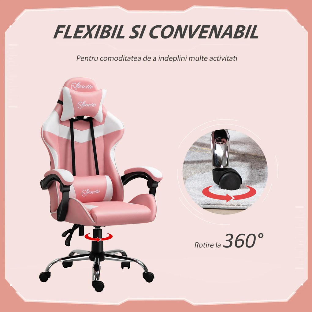 Vinsetto Scaun Gaming Ergonomic Roz, cu Tetieră, Înălțime Ajustabilă, Rabatabil, 63x67x119-127cm, Confort Maxim | Aosom Romania