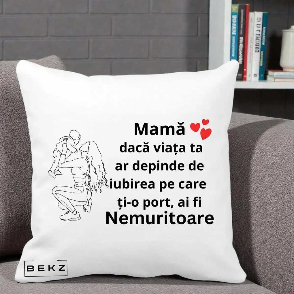Cadou pentru Mama - Perna Personalizata Mama Nemuritoare Portret Graphic, 40x40 cm, Alba Mata, Husa Detasabila, Perna Inclusa, BEKZ®