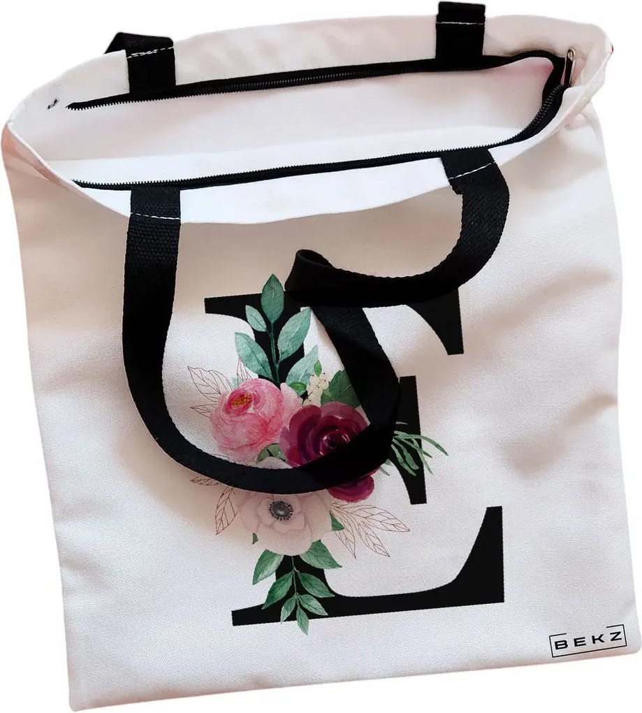 Sacosa de Panza pentru Cumparaturi, Geanta Tote, Cu litera E si Trandafiri, Cu fermoar, 38x34.5 cm, Alba, BEKZ®