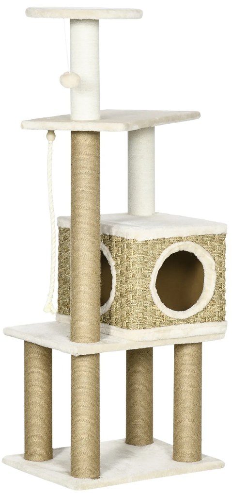 PawHut Arbore pentru pisici zgârduie sisal natural cuib platforme joc bile suspendate pluș scurt înălțime 128 cm bej | Aosom Romania