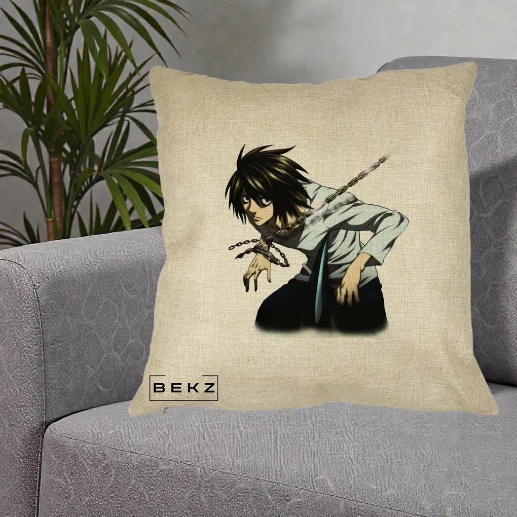 Perna Personalizata Death Note L Lawliet Lanturi, 40x40 cm, Crem, Husa Detasabila, Perna Inclusa, BEKZ®