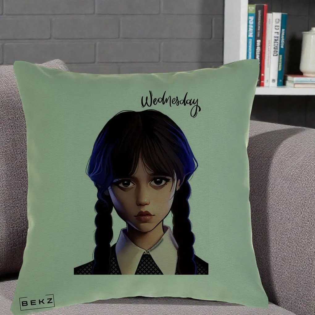 Perna Personalizata Wednesday Addams Portret Realist, 40x40 cm, Verde, Husa Detasabila, Perna Inclusa, BEKZ®