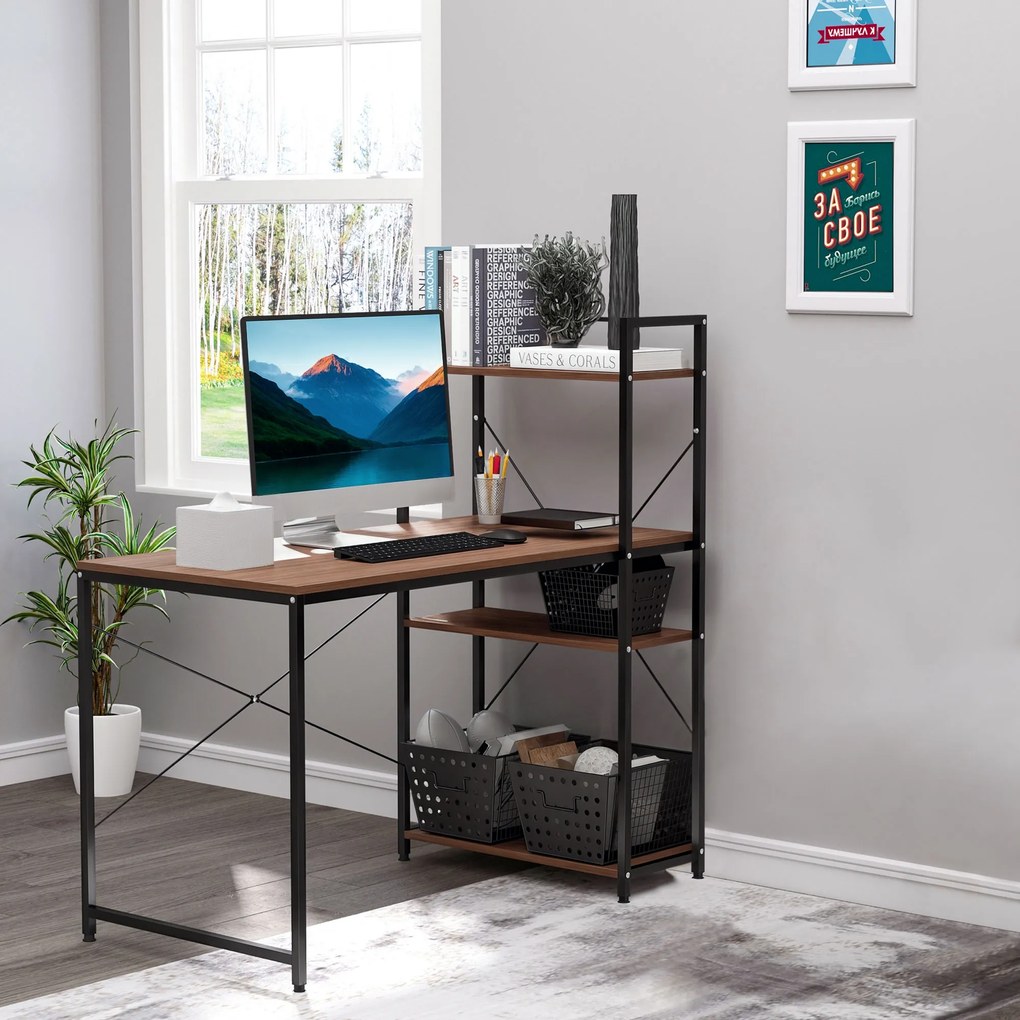 HOMCOM Birou de colț cu depozitare design industrial cu bibliotecă 3 rafturi panouri particulate aspect nuc metal negru | Aosom Romania