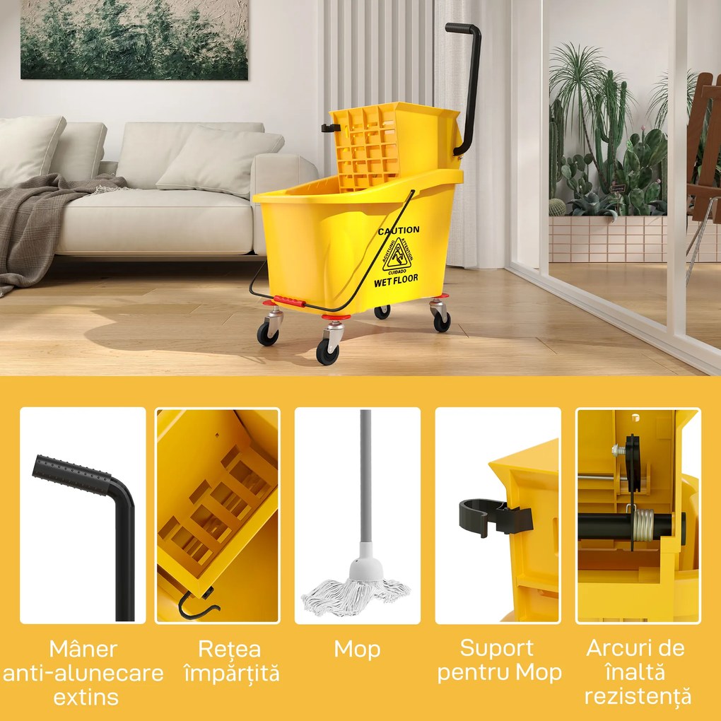HOMCOM Cărucior de Curățenie Profesional de 36L cu Găleată pentru Mop, Storcător și Mâner, 55x37x65 cm, Galben | Aosom Romania