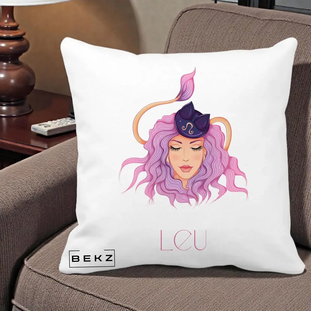 Perna Personalizata Zodie Leu, 40x40 cm, Alba Mata, Husa Detasabila, Perna Inclusa, BEKZ®
