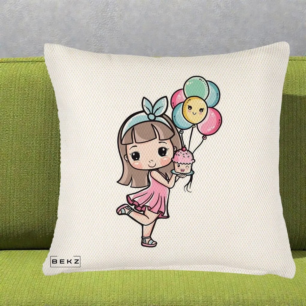 Perna Decorativa Fetita Kawaii cu Baloane si Cupcake, 40x40 cm, Crem Reliefat, Husa Detasabila, Perna Inclusa, BEKZ®