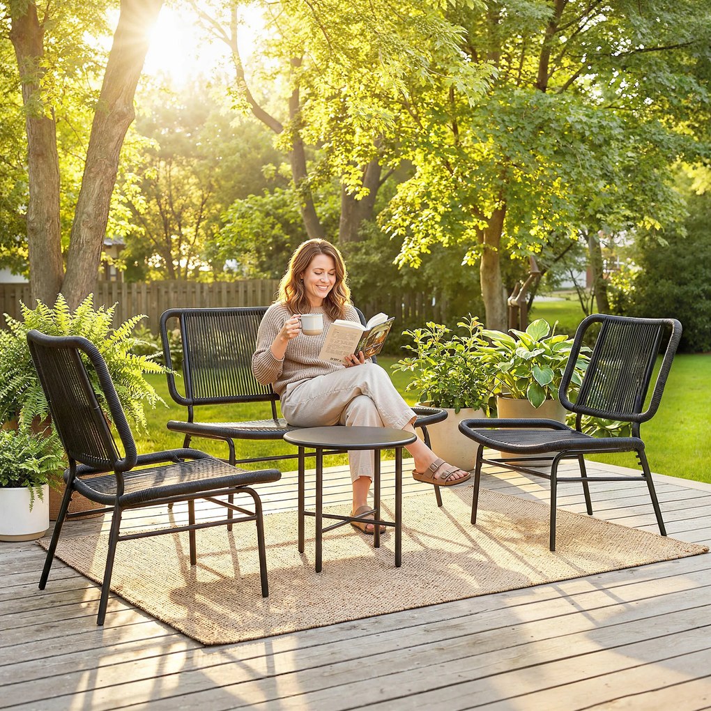 Outsunny Set Mobilier Grădină Ratan 4 Piese, Canapea pentru Exterior cu Măsuță Metalică, Negru | Aosom Romania