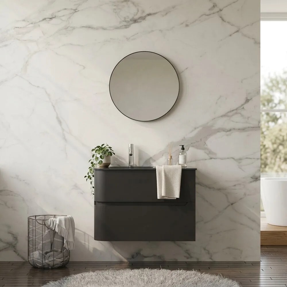 Set dulap baza suspendat Rune Jorunn 2 sertare 80 cm negru mat si lavoar negru