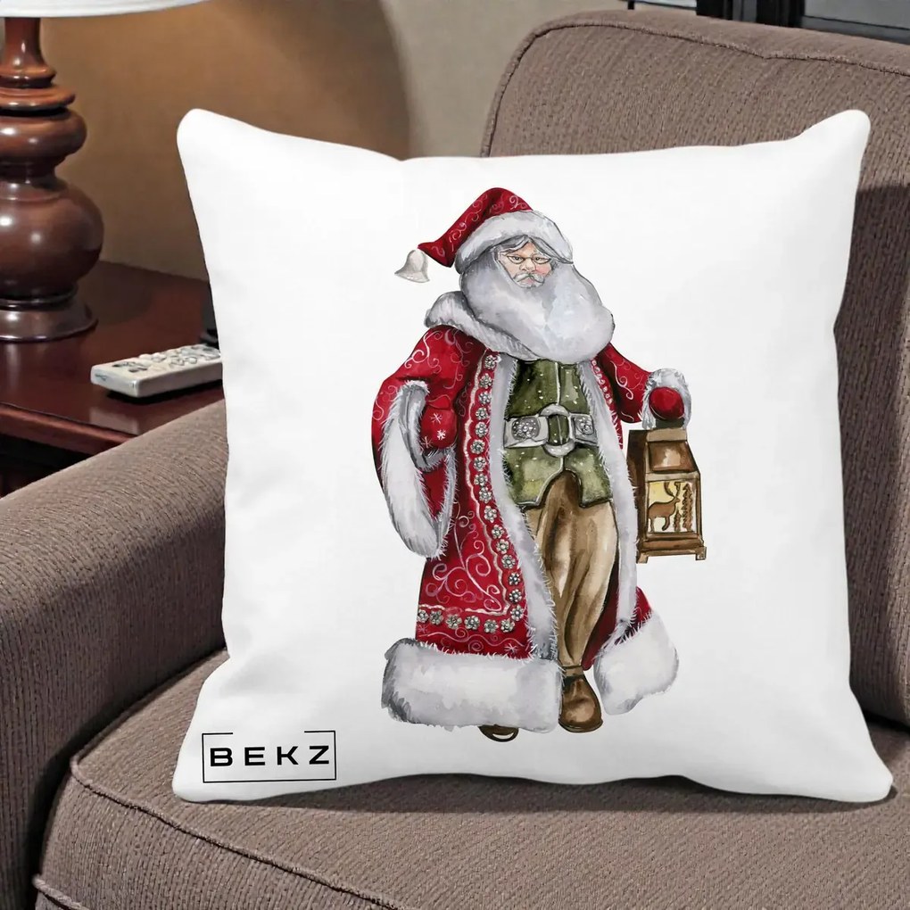 Perna Decorativa Mos Craciun Vintage cu Felinar, 40x40 cm, Alba Mata, Husa Detasabila, Perna Inclusa, BEKZ®