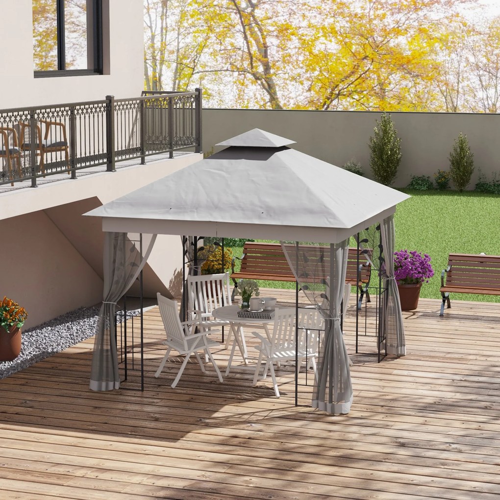 Outsunny Pavilion cu acoperiș dublu, 3x3 m, hidrofug, stabil, rezistent la iarnă, pavilion de grădină cu plasă de țânțari, Gri deschis | Aosom Romania