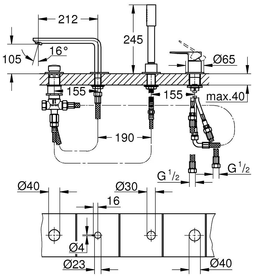 Grohe Lineare Baterie cada dus monocomanda si set dus, 4 orificii, crom