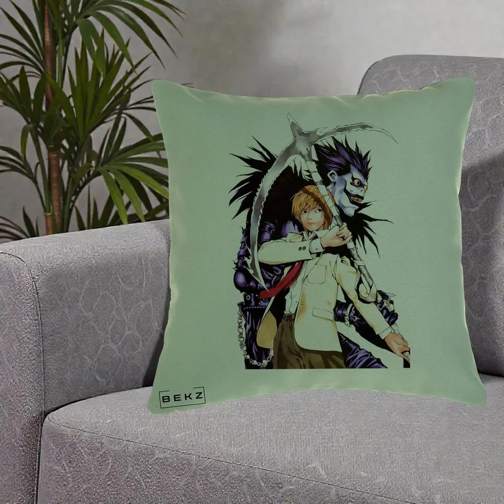Perna Personalizata Death Note Light si Ryuk Duo, 40x40 cm, Verde, Husa Detasabila, Perna Inclusa, BEKZ®