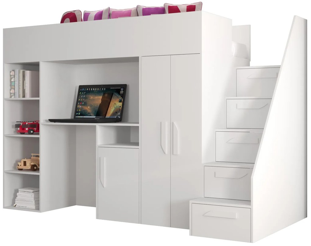 Pat pentru copii combinat 90 cm Puro 14 (alb mat + alb lucios + mânere albe). 1087089