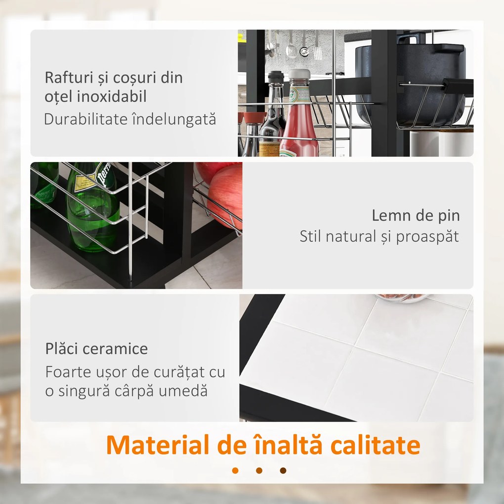 HOMCOM Cărucior Bucătărie Negru, Depozitare, 4 Roți Rotative 360°, 1 Sertar, 4 Coșuri Metalice, 4 Rafturi Laterale | Aosom Romania