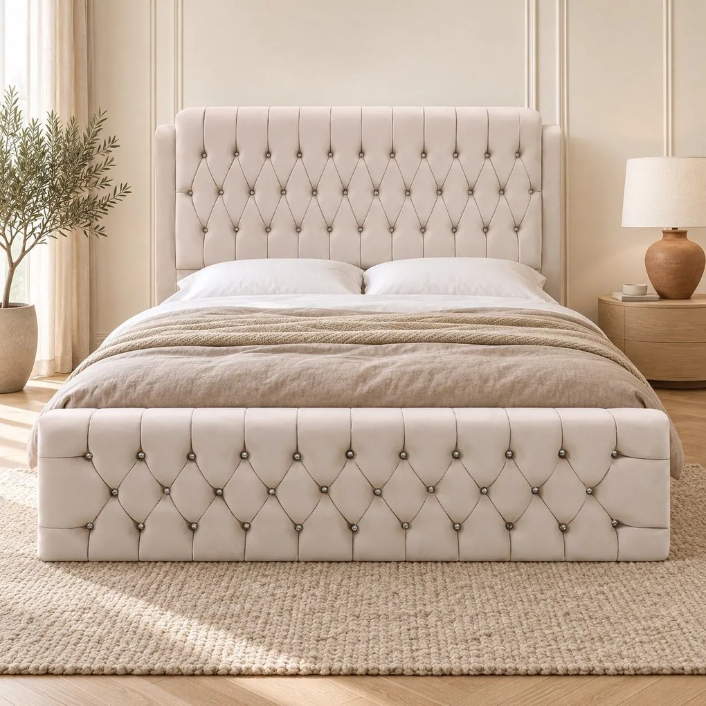 Pat tapițat Chesterfield din catifea Aveline Deluxe 180×200 cm, crem, cu ladă de depozitare