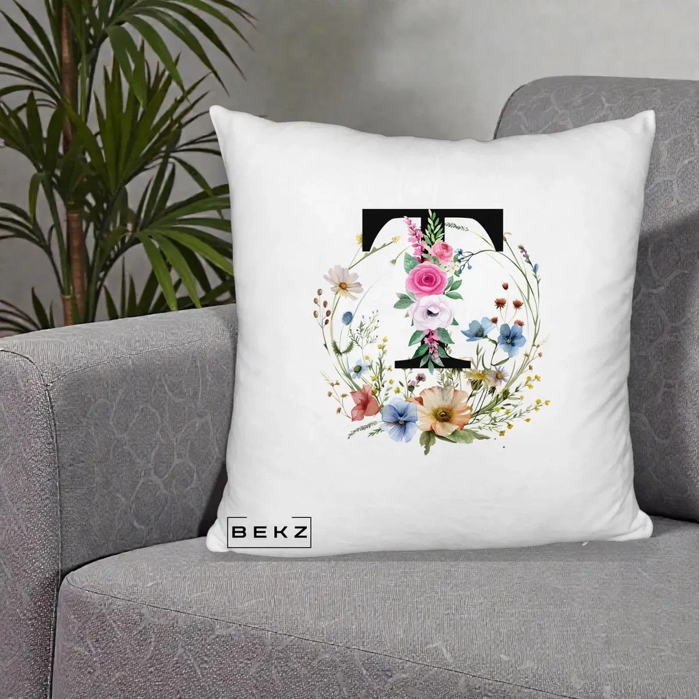 Cadou Personalizat - Perna Personalizata Monogram Litera T cu Flori Acuarela, 40x40 cm, Alb Pufos, Husa Detasabila, Perna Inclusa, BEKZ®