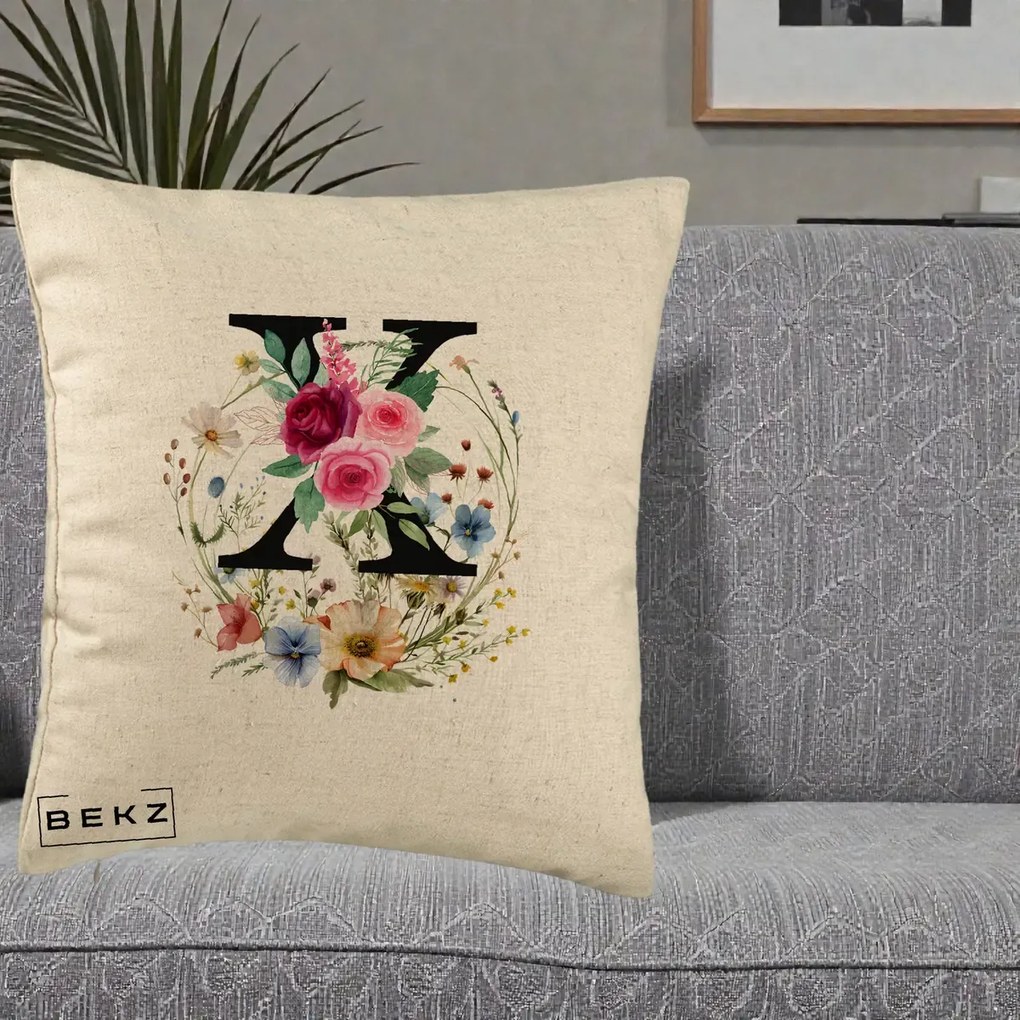 Cadou Personalizat - Perna Personalizata Monograma Florala Litera X cu Coroana, 40x40 cm, Bej, Husa Detasabila, Perna Inclusa, BEKZ®
