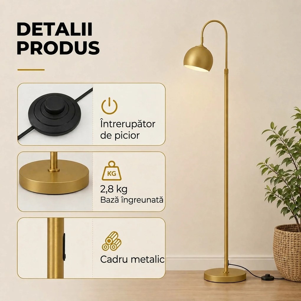 HOMCOM Lampadar modern 40W E27, înălțime reglabilă, abajur orientabil, întrerupător cu pedală, auriu | Aosom Romania