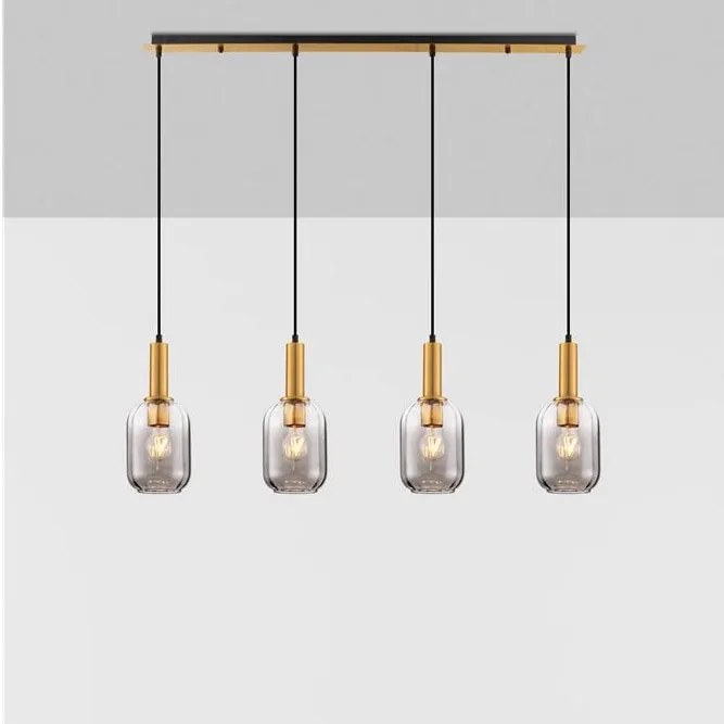Lustra cu 4 pendule, Metal, Auriu, Sticla, Fumurie, MAHO