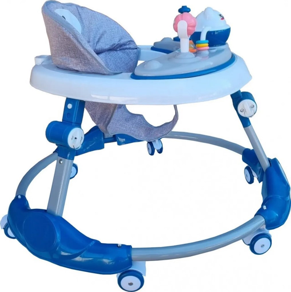 Premergator reglabil in 6 trepte de inaltime NOVOKIDS™ Little Kitty, Cu melodii, Pliabil, Max 20 kg, Roti silentioase, Model Pisicuta, Albastru