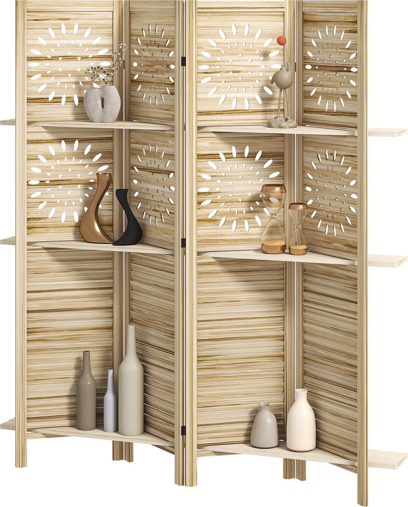 HOMCOM Paravan interior 4 panouri și 3 rafturi, 160 x 170 cm, separator de cameră pliabil, lemn de paulownia, lemn natural | Aosom Romania