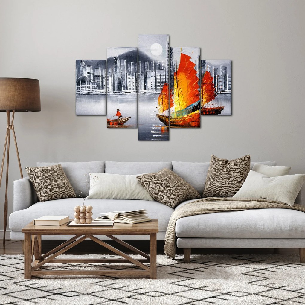Tablou - Victoria Harbour, Hong Kong, pictură în ulei alb- negru (150x105 cm)
