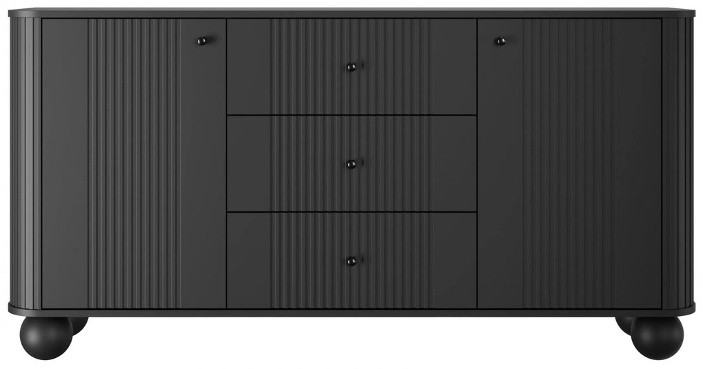 Comodă cu sertare Vesper 160 cm - negru / mânere negre / picioare sferice