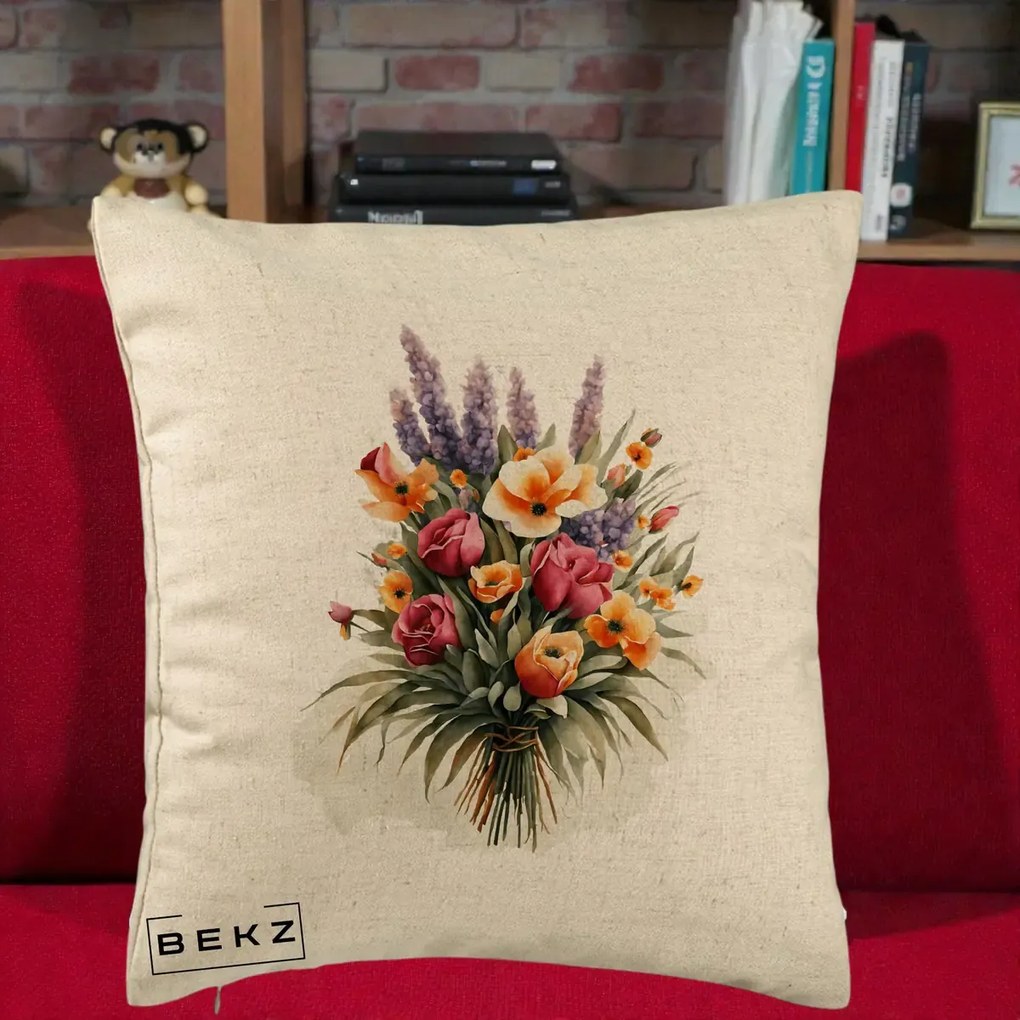 Perna Decorativa Buchet Mixt Acuarela Lavanda-Trandafiri, 40x40 cm, Bej, Husa Detasabila, Perna Inclusa, BEKZ®
