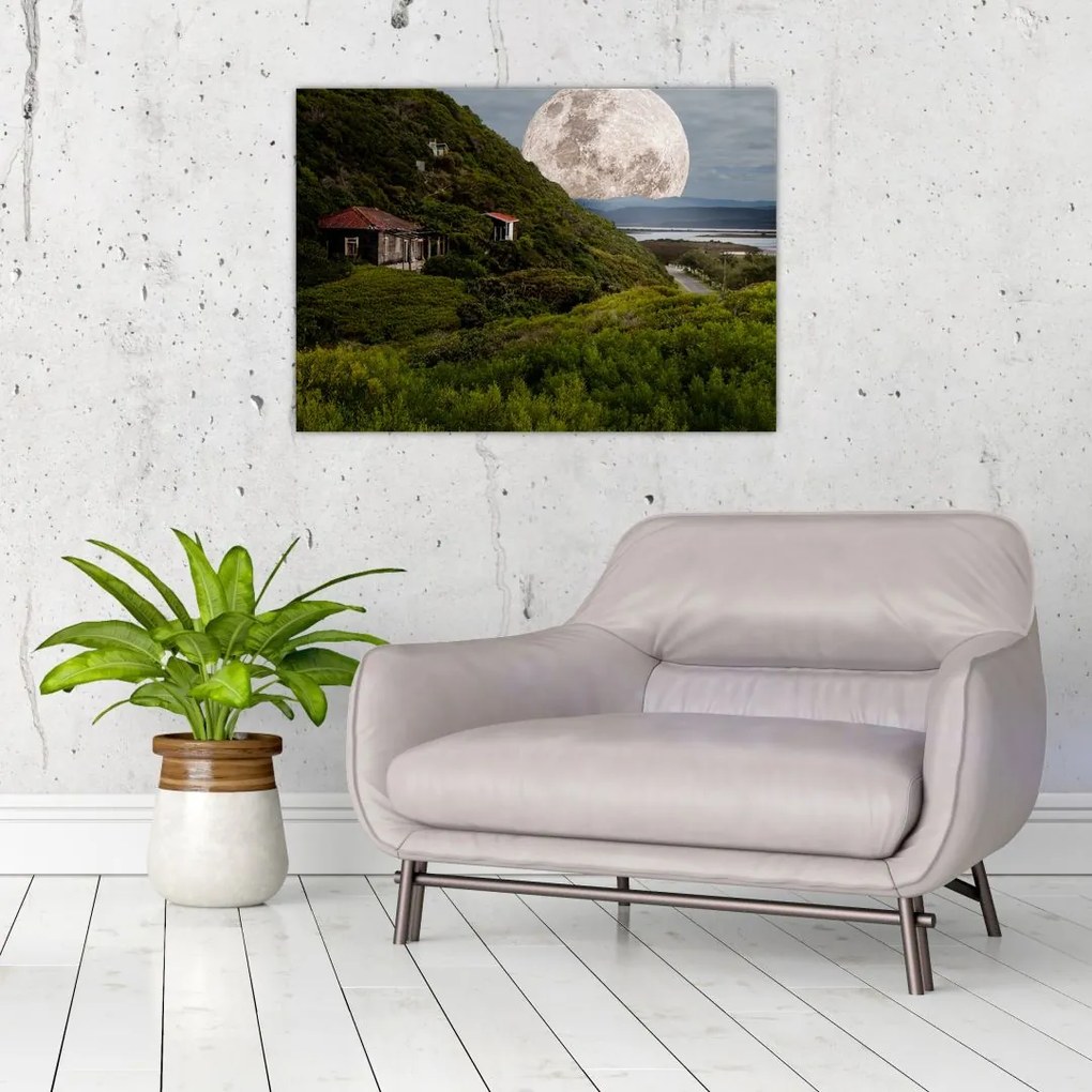 Tablou pe sticlă - peisaj cu luna (70x50 cm)