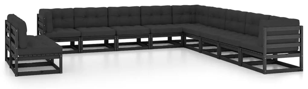 Set mobilier gradina cu perne, 11 piese, negru, lemn masiv pin Negru, 1, Da