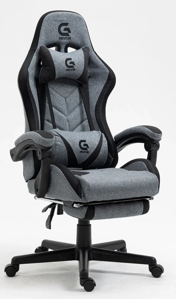 RESIGILAT- Scaun gaming, sistem iluminare bandă LED RGB, cu masaj în perna lombară, suport picioare, material textil, Gri/Negru