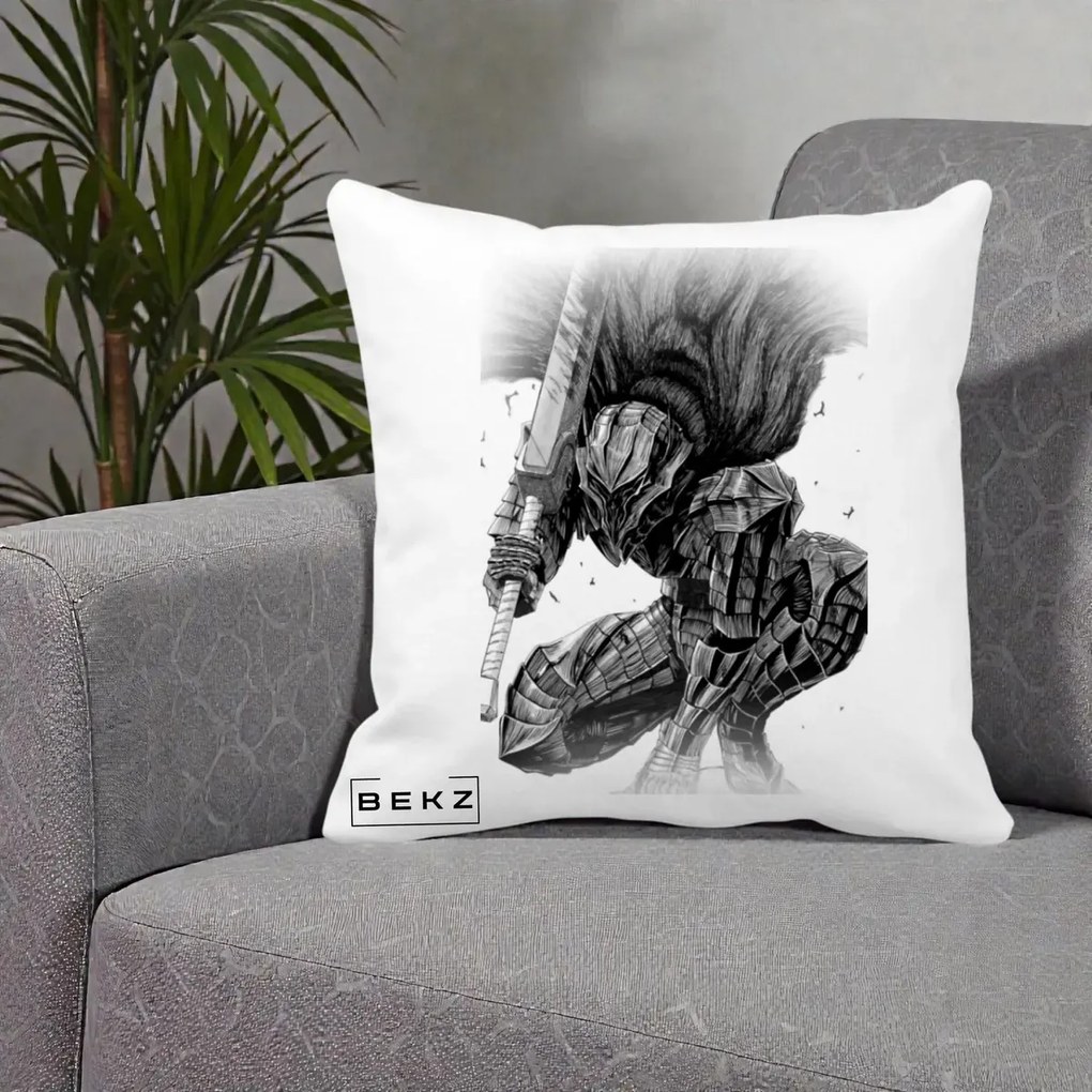 Perna Personalizata Berserk Guts Armor of Darkness Manga, 40x40 cm, Alba Mata, Husa Detasabila, Perna Inclusa, BEKZ®