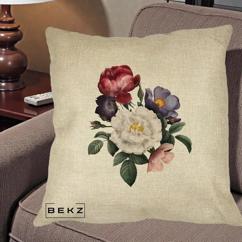 Perna Decorativa Buchet Trandafiri Bujori Botanical, 40x40 cm, Crem, Husa Detasabila, Perna Inclusa, BEKZ®