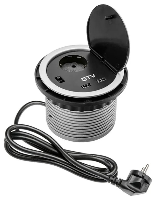 Priza incastrabila in blat, 1 priza schuko + 2 USB 5V 2.1A, cablu 1.5m, negru + aluminiu, GTV